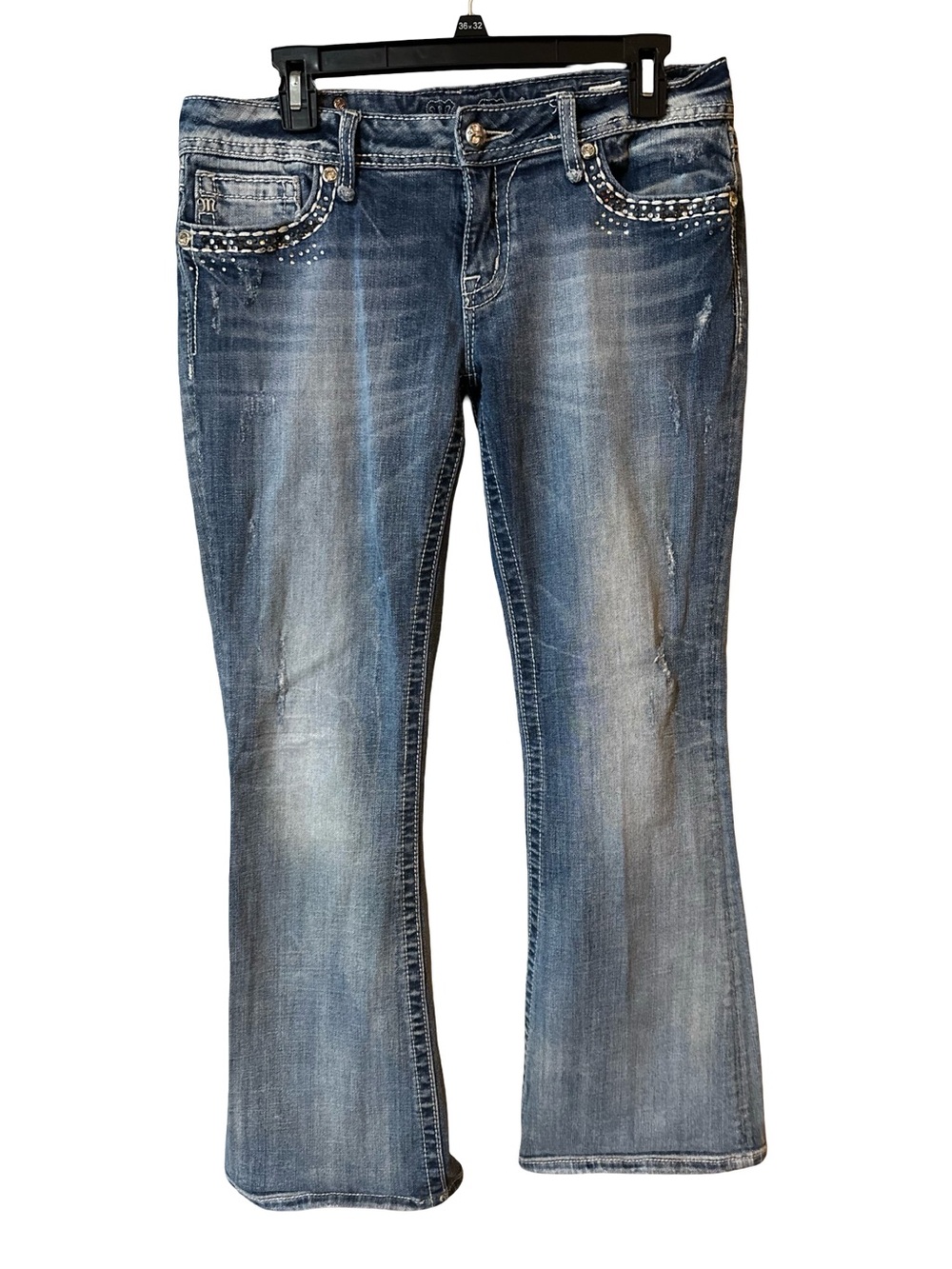 Miss Me Women's Blue Light-wash Flared Jeans with Studded Rhinestone Pockets 31